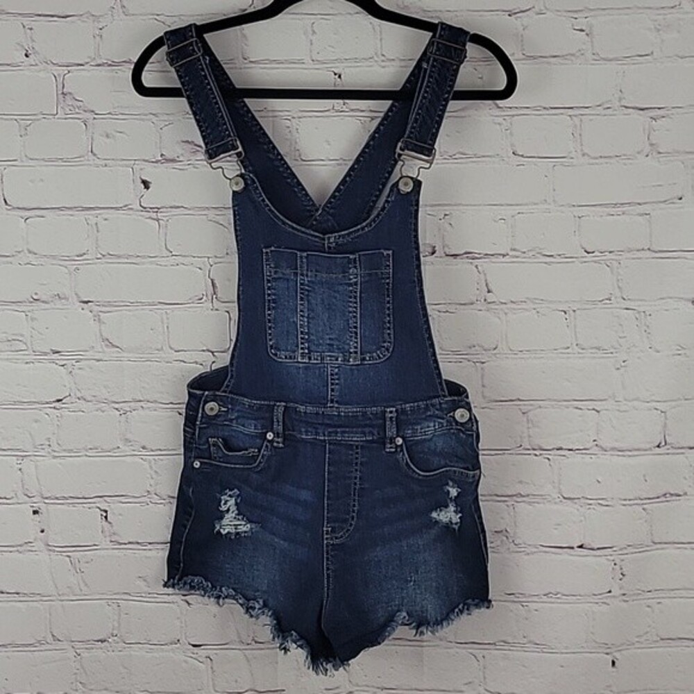 U2B Urban Basics Overall Shorts Size Medium Stretchy Distressed Medium wash